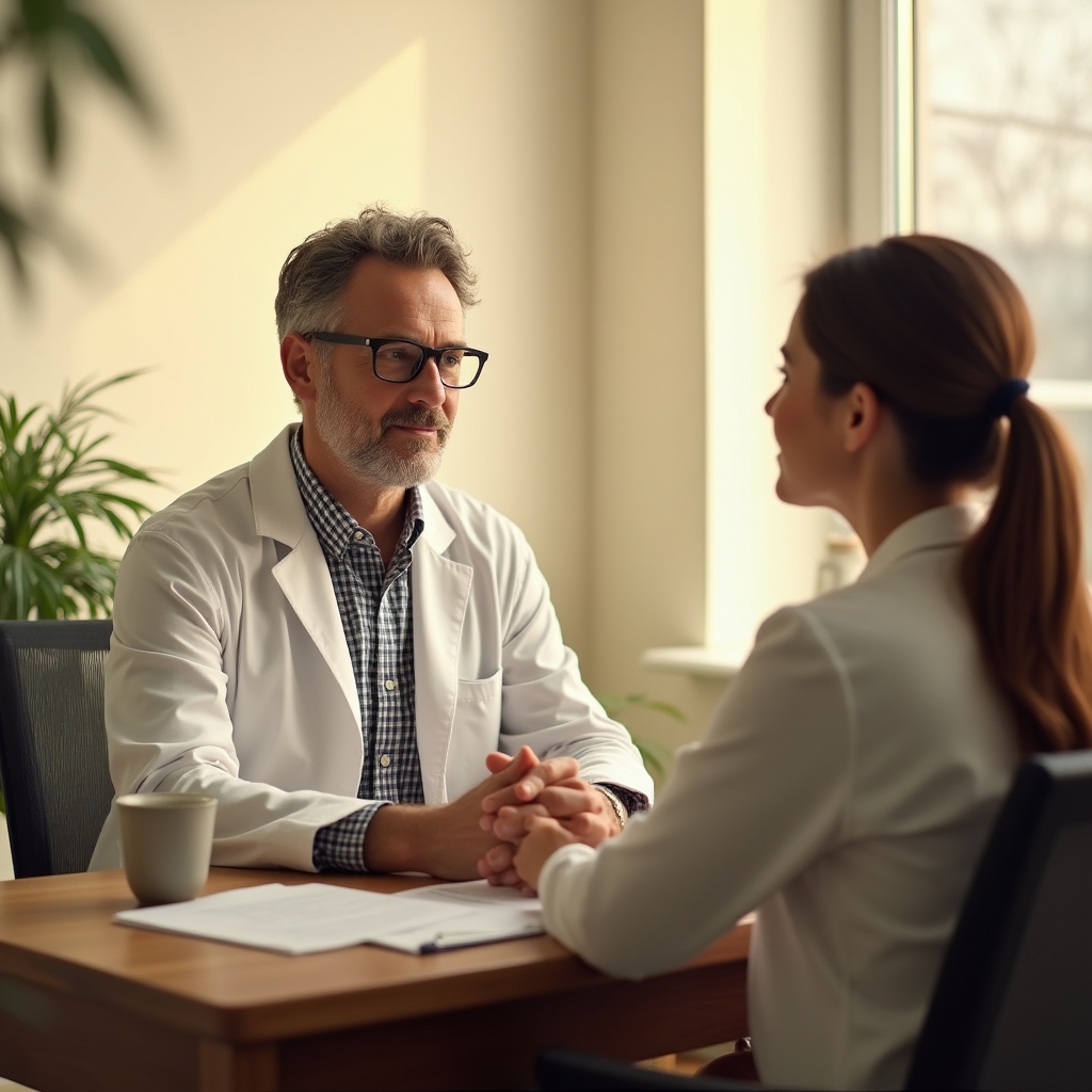 General practitioner listening to a patient during a consultation in a warmly lit clinic room