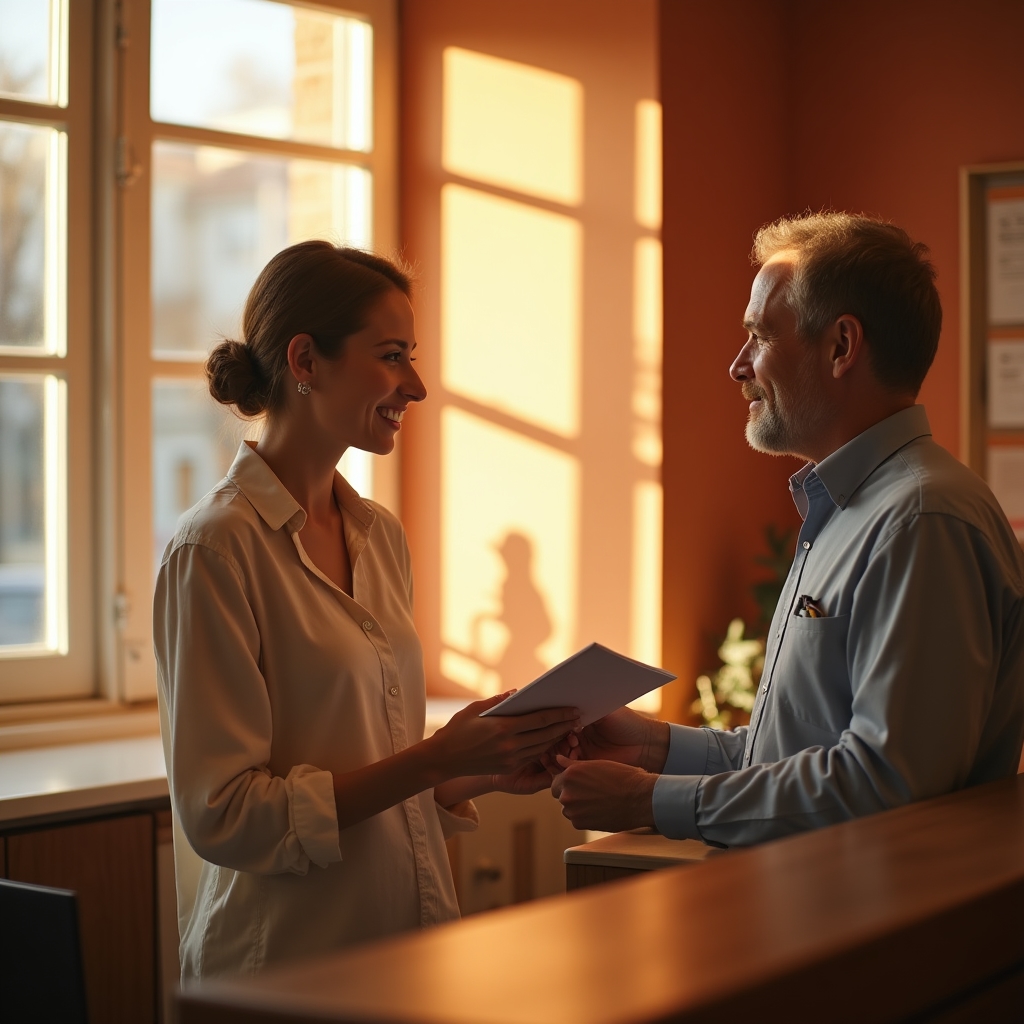 Warm-lit reception desk at Gizeru Clinic with a staff member greeting a patient