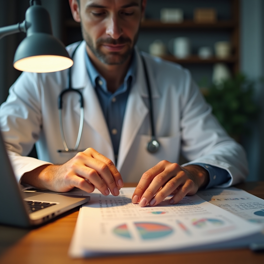 Doctor reviewing a patient's laboratory results and file on a desk with printed documents
