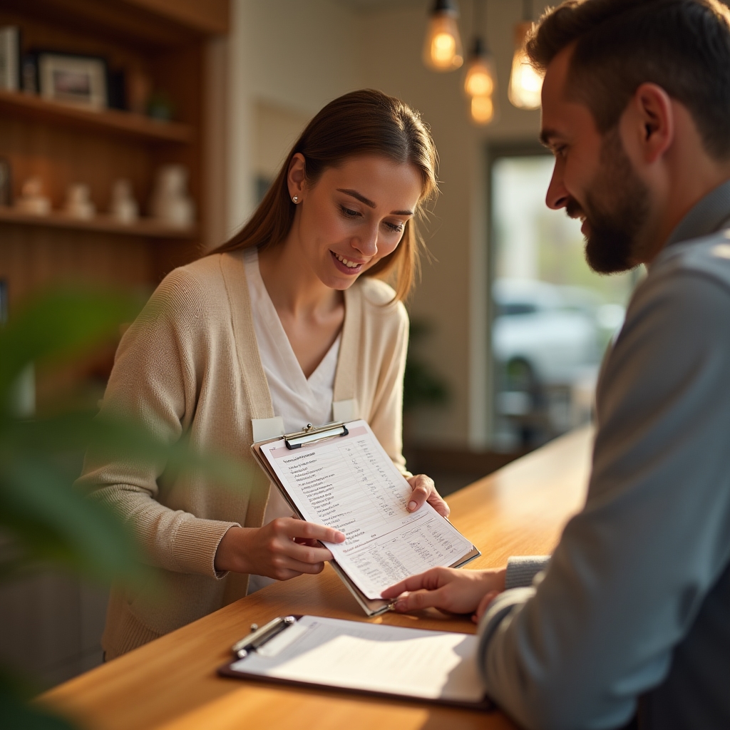 Front desk staff showing a printed price list to a patient at the reception counter