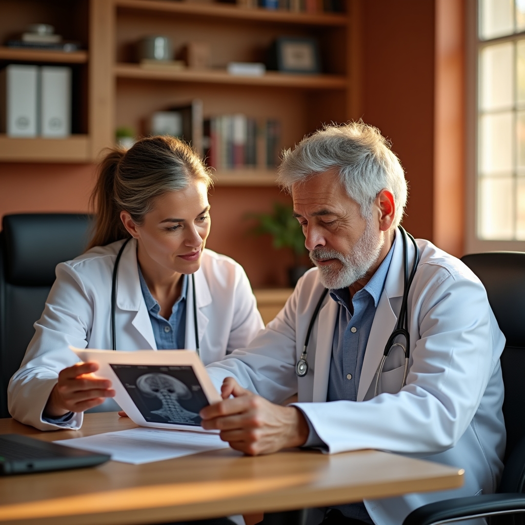 Specialist physician reviewing scan results with a patient in a consultation office
